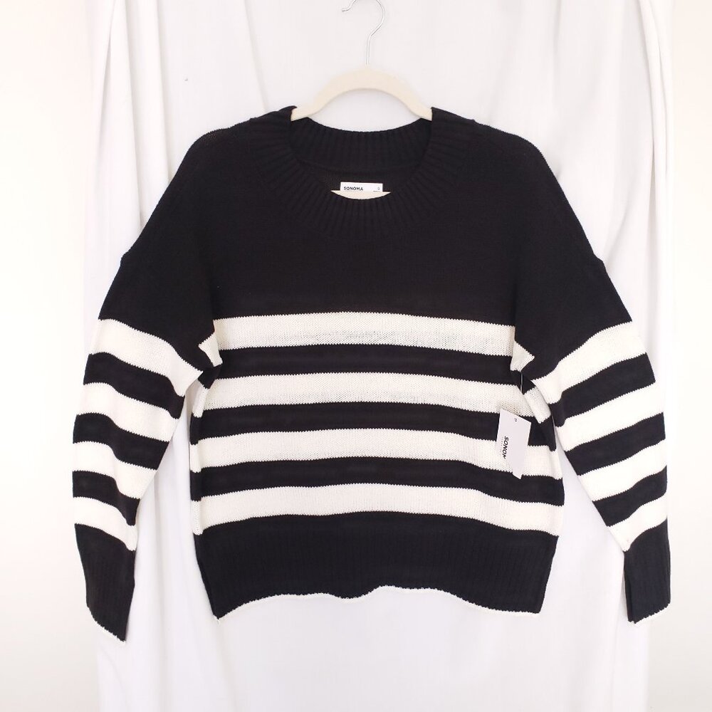 Sonoma Black n White Striped Knit Preppy Long Sleeve Sweater Size S